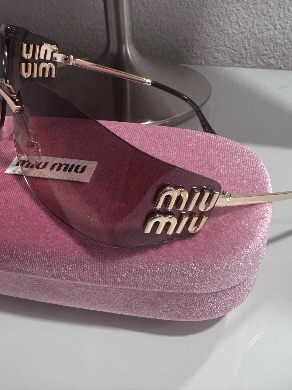 Miu Miu Rimless Logo Shield Sunglasses